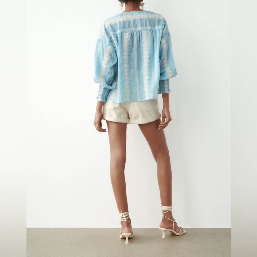 ZARA SMOCKED BALLOON SLEEVE COMBINATION EMBROIDERED BUTTON DOWN SHIRT - Picture 6 of 7
